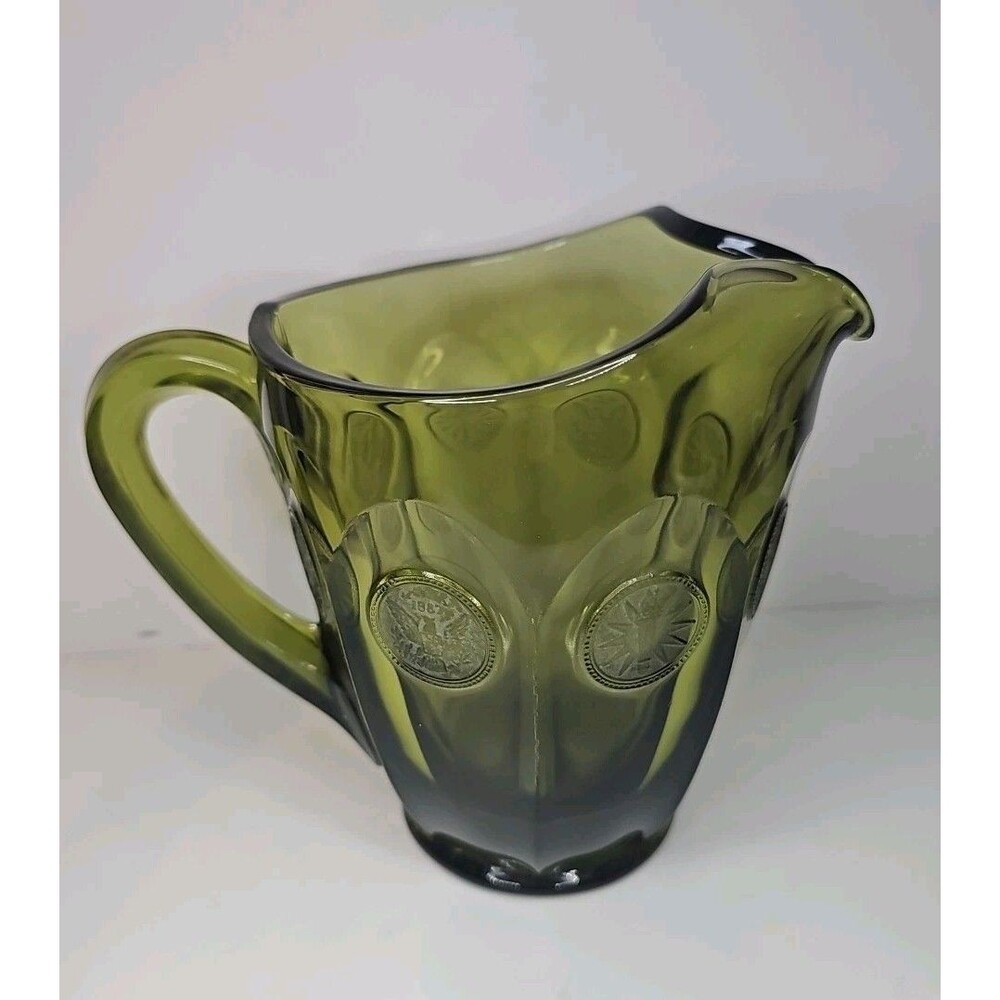 Vintage Fostoria Crystal Coin Pitcher Ice Lip 32 oz Forest Green 6.5 inches Tall